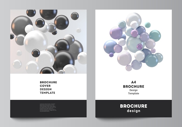 Layout of a4 cover mockups templates for brochure, flyer layout, booklet, cover design, book design. abstract  futuristic background with colorful 3d spheres, glossy bubbles, balls.