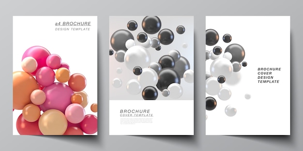 Layout dei modelli di copertina a4 per brochure, layout flyer, libretto, design copertina, design libro fondo futuristico astratto con sfere colorate 3d, bolle lucide, palline.