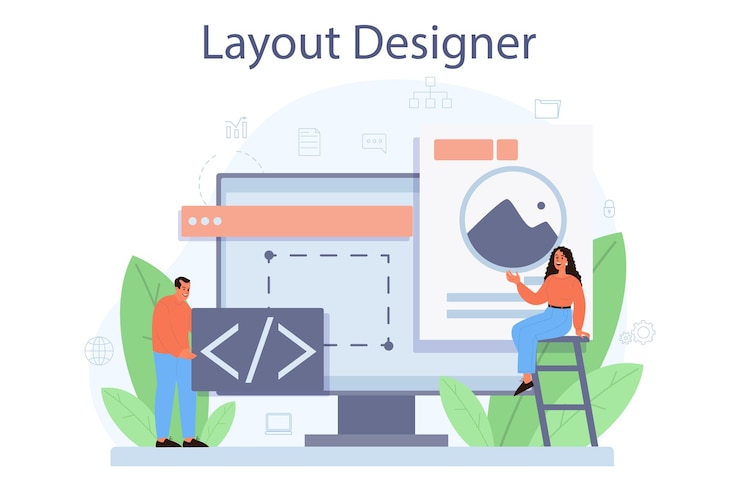 Vector layout designer concept. web development, mobile app design. people building user interface template. computer technology.