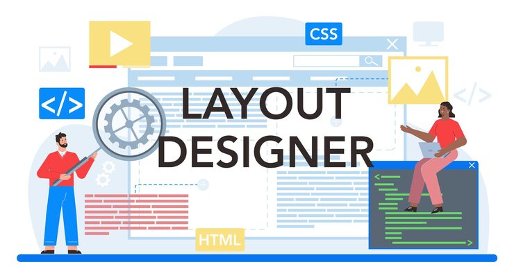 Vector layout designer typographic header web development mobile app design and optimization people building user interface template computer technology flat vector illustration
