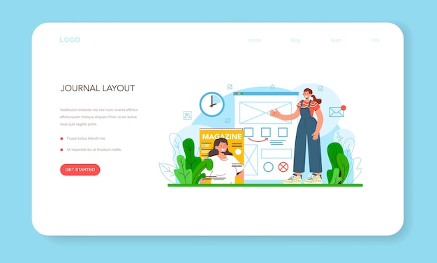 Layout designer web banner or landing page. Magazine or newspaper layout developing, typesetting of text. Mobile app and website design and optimization. Flat vector illustration