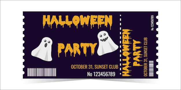 Layout of the Halloween Party Ticket Template Creepy and cute ghosts on a dark background Horizontal colorful design for events The concept of the holiday Vector illustration