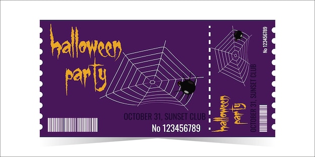 Layout of the Halloween Party Ticket Template A creepy spider crawls on the web Horizontal colorful design for events The concept of the holiday Vector illustration