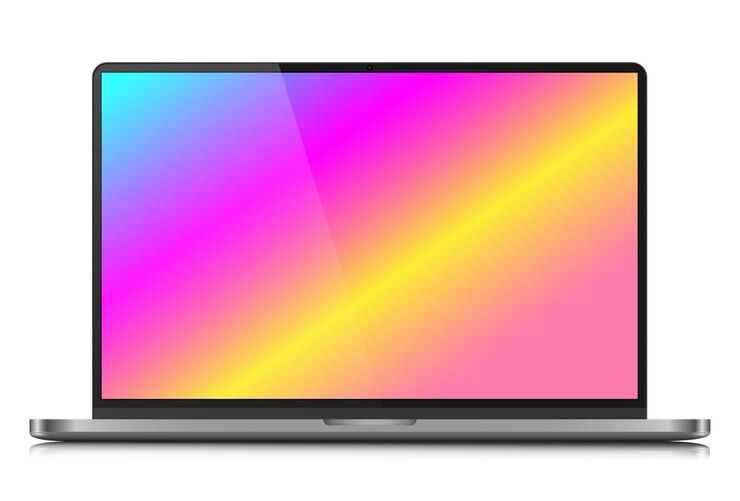 Vector the layout of a modern laptop in a silver thin metal case realistic laptop with a color gradient screen and reflection on a white background