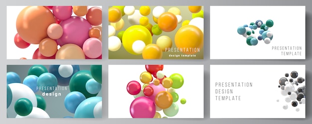 プレゼンテーションスライドのレイアウトデザインテンプレート、プレゼンテーションパンフレットの多目的テンプレート、ビジネスレポート。カラフルな3 d球、光沢のある泡、ボールと抽象的な未来的な背景。