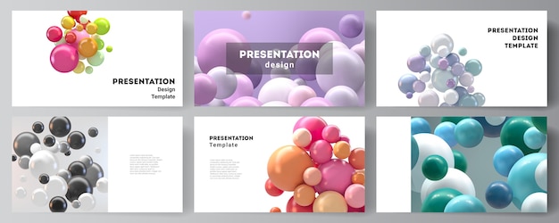 Layout del design diapositive di presentazione, modello multiuso. sfere futuristiche astratte 3d, bolle lucide, palline.