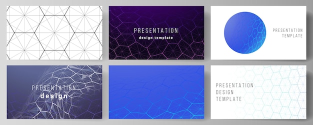 Layout of the presentation slides design templates. Digital technology with hexagons, connecting dots and lines.