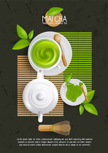 Vettore modello di layout con una tazza di latte matcha. illustrazione di tè verde, bevanda giapponese, bevanda biologica.