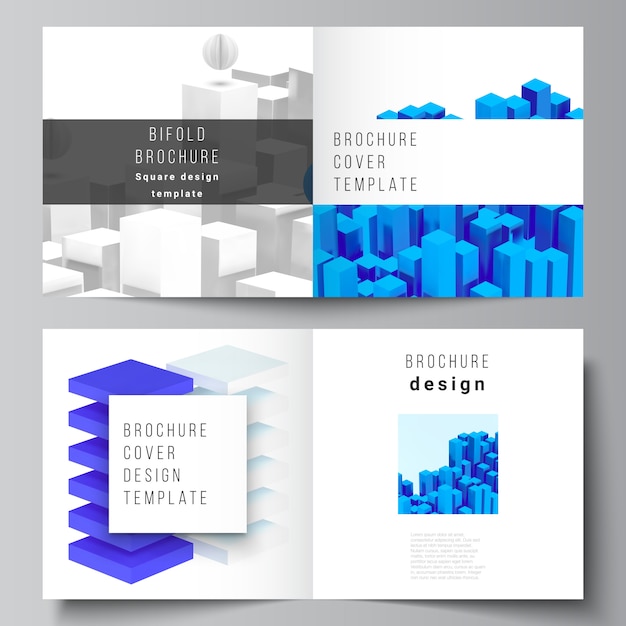 Vector layout of two covers template for square bifold brochure, flyer, magazine, cover design, book design, brochure cover. 3d render composition with realistic geometric blue shapes in motion