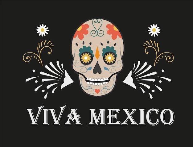 Vector layout with a mexican skull and patterns on a black background. an element of traditional culture. a postcard for the day of death.