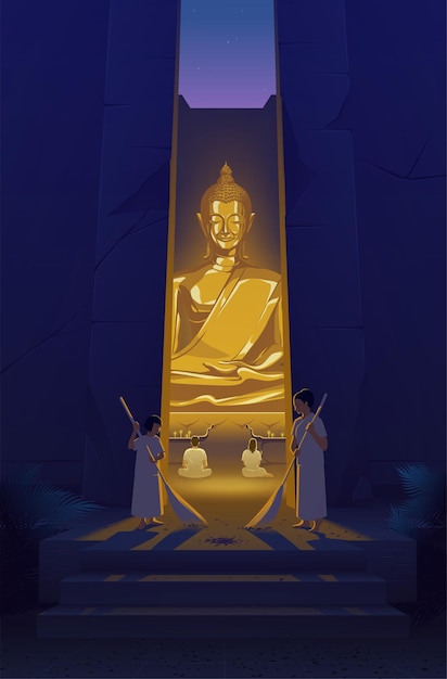 Vector laypeople come to practice dhamma at the temple very early in the morning