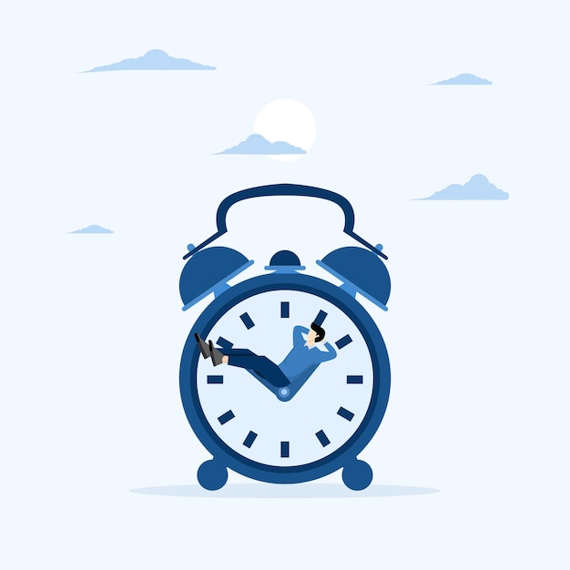 lazy businessman sleeping in running time clock concept of tired or no motivation lazy to work