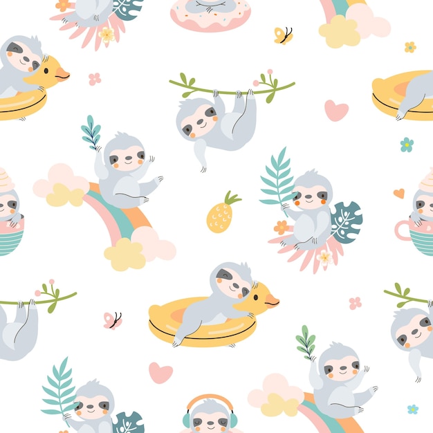 Vector lazy cartoon sloth seamless pattern sloths textile prints sleeping exotic wild animal cute childish nowaday characters on rainbow and tree vector background of sloth cartoon seamless