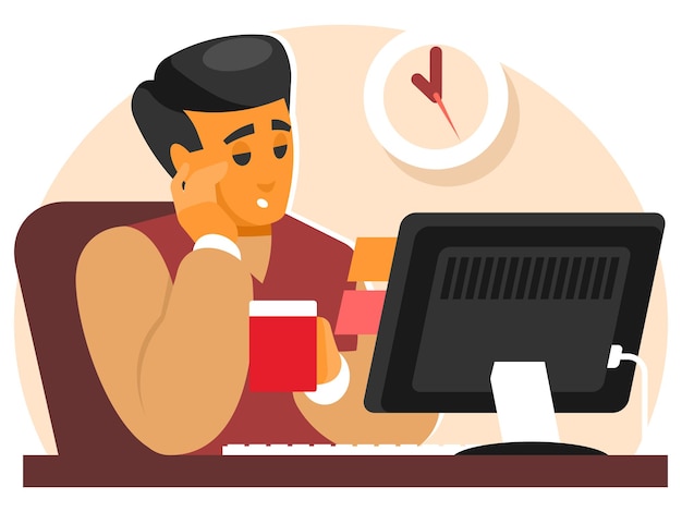 Lazy office worker working with computer Procrastinating at workplace