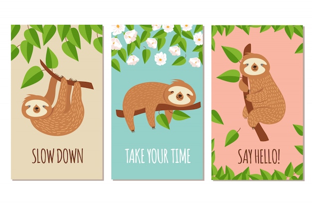 Vector lazy sloth. cute slumbering sloths on branch. child t shirt design or greeting cards  set