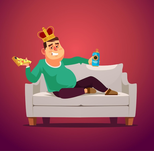 Vector lazy sofa king man unemployed character laying eating pizza and drinking beer