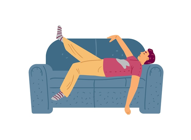 Lazy or tied man sleeping on couch flat vector illustration isolated on white