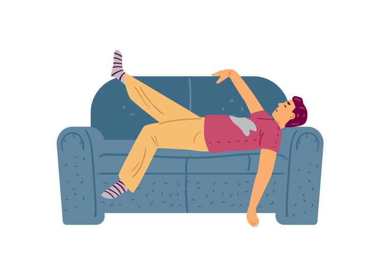 白で隔離のソファフラットベクトルイラストで寝ている怠惰なまたは縛られた男