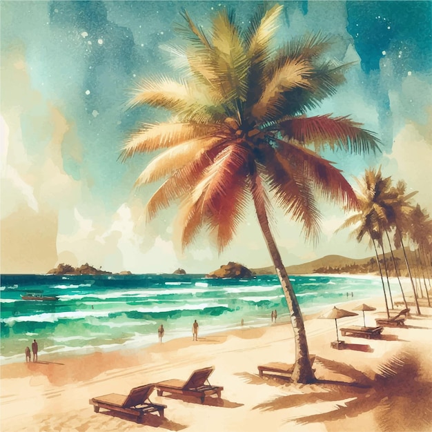 Lazy tropische strand zonsondergang met cocktail en goede vibraties vector illustratie