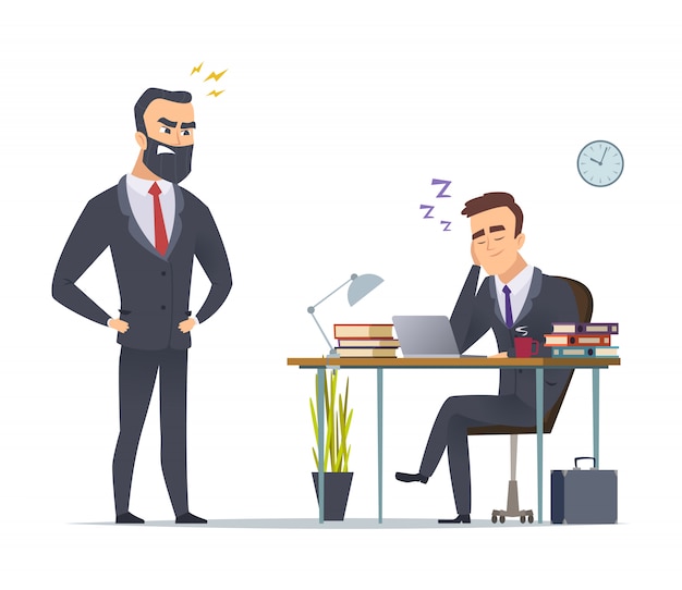 Vector lazy worker. business office manager tired from routine work slipping at desk angry director standing  concept scene