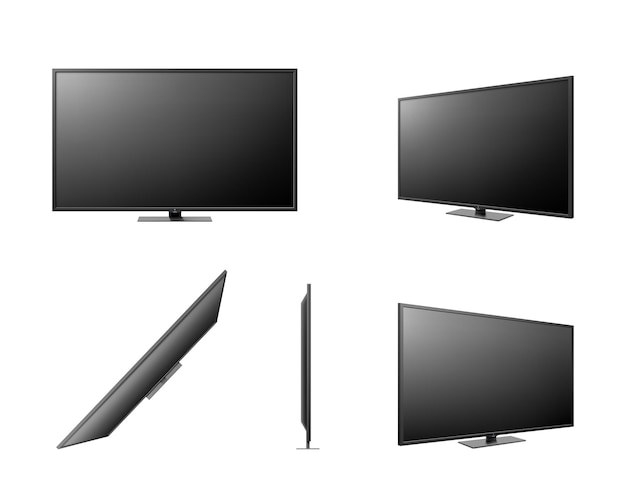 Lcd-tv-scherm geïsoleerd op witte achtergrond zwart televisiepaneel realistisch 3d leeg led smart hdtv-scherm met mat textuuroppervlak bovenkant voorkant zijaanzicht van monitor tv-model