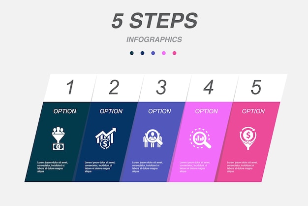 Lead conversie verkoop publiek analyse conversiepercentage iconen infographic ontwerp lay-out sjabloon creatief presentatieconcept met 5 stappen