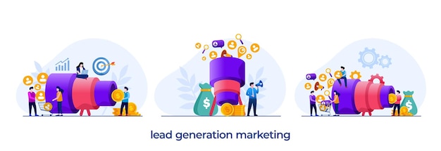 Lead generation marketing online social media marketing tendenze annunci pubblicità business online illustrazione piatta vettore