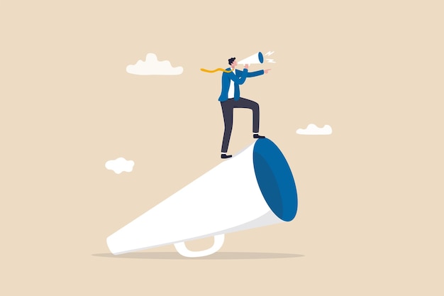 Leader communication executive management skill to communicate with employee send important message or announcement concept businessman leader standing on big megaphone giving speech to public