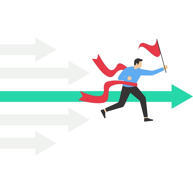 The leader runs to the finish line Vector illustration in flat style