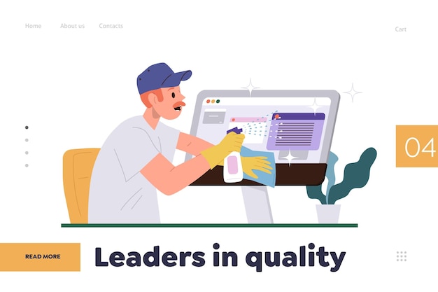 Leaders in quality concept for landing page offering professional programmers online service QA manager checking website finding mistakes searching errors looking for bugs testing hardware