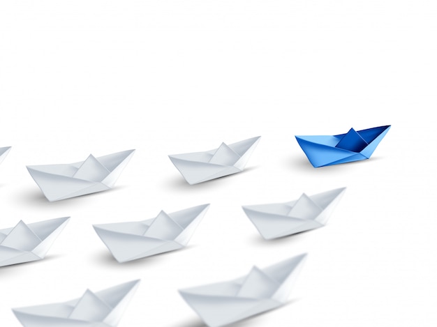 Vector leadership concept, blue paper boat, standing out from the crowd of white. team lead, 3d rendering