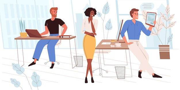 Vector leadership concept in flat design. successful team develops business, analyzes company data, discusses strategy at office meeting. partnership and collaboration people scene. vector illustration