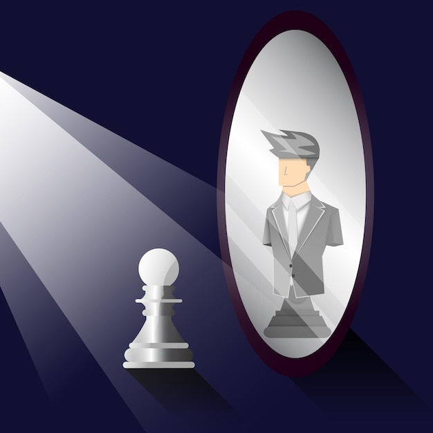 Концептуальный свет лидерства сияет пешке chessspawn, смотрящей в зеркало и видящей векторного иллюстратора blackchessbusinessman