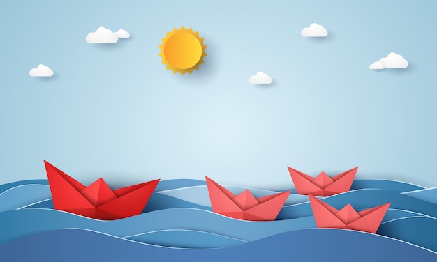 Leadership concept , origami boat sailing in blue ocean , paper art style