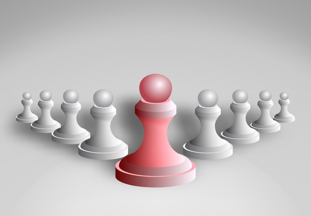 Концепция лидерства красная пешка шахмат, выделяющаяся из толпы белых