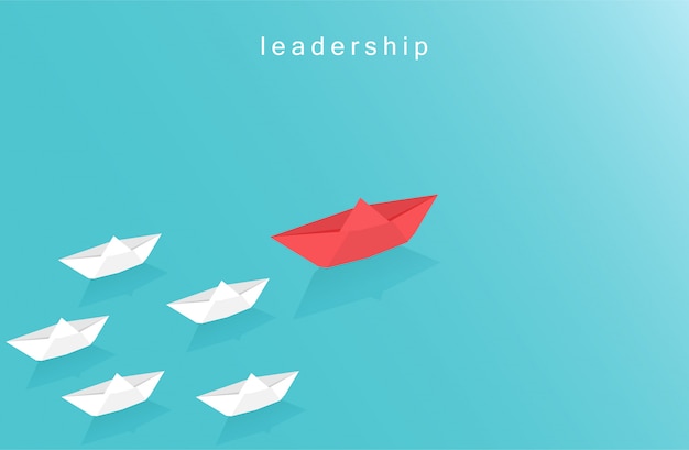 Концепция дизайна руководства в бизнесе с символом бумажный кораблик. оригами лодка, плывущая в синем океане. дальновидная ведущая команда. бумага арт стиль векторные иллюстрации