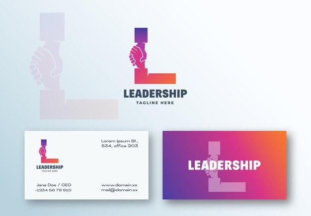 Leadership vector logo and business card template handshake symbol in letter l stationary mockup