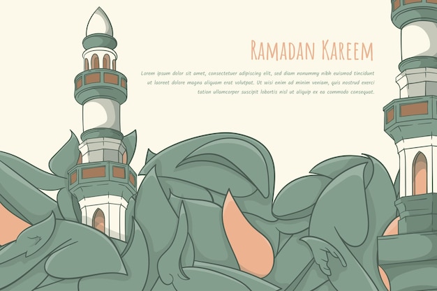 라마단 카림 템플릿 디자인을 위한 모스크 미나렛이 있는 낙서 예술 디자인의 잎 배경