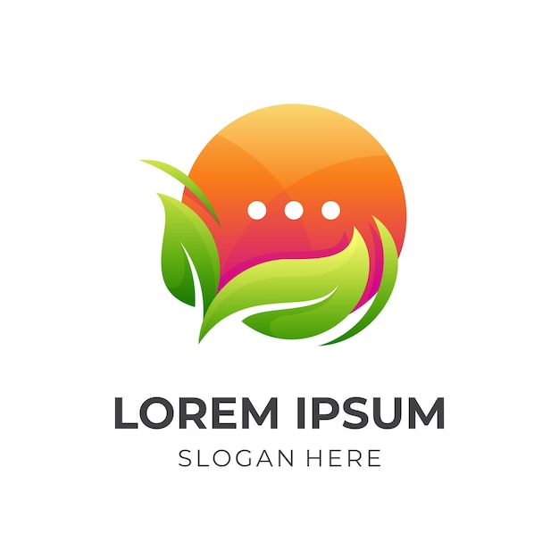 Дизайн логотипа leaf chat, лист и чат, комбинированный логотип с 3d-оранжевым и зеленым цветовым стилем
