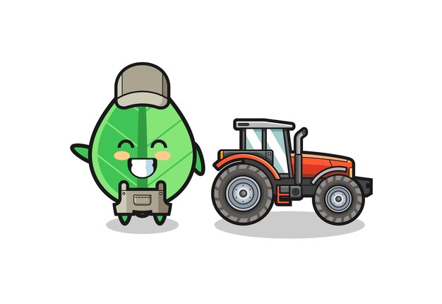 Vector the leaf farmer mascot standing beside a tractor cute design