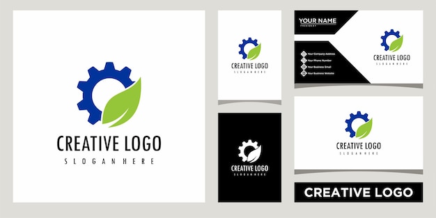 Modello di progettazione logo foglia e ingranaggio con design biglietto da visita