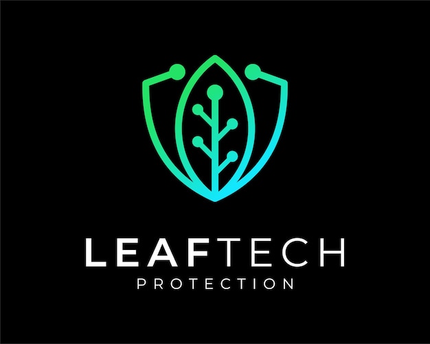 Leaf Green Branch Technology Digital Circuit Line Connection Shield Protection Vector Logo Design