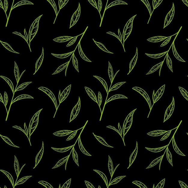葉緑茶パターンのシームレスなベクトル図です。印刷用のビンテージスタイルでお茶のスケッチを残します