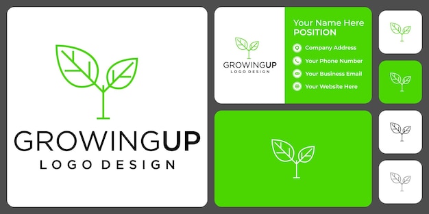Дизайн логотипа выращивания листьев с шаблоном визитной карточки.