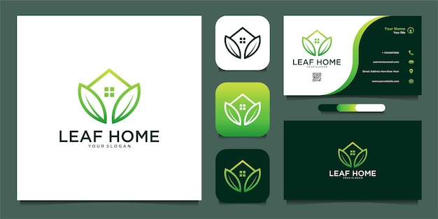 Design del logo della casa a foglia con linea e biglietto da visita vettore premium