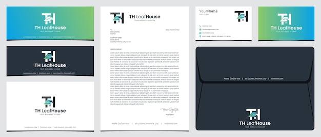 Leaf house logo with initials TH with stationery business card and social media banner designs