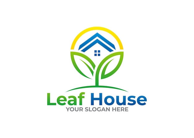 Leaf house with leaf vector logo design concept.