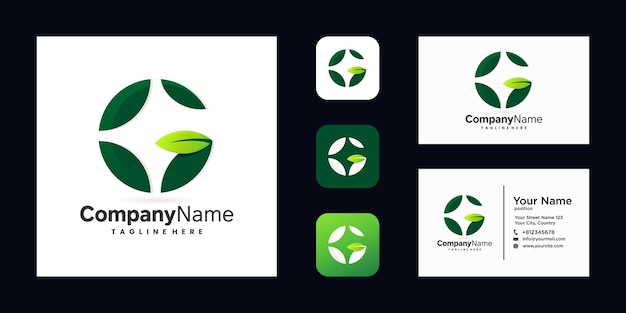 leaf letter g logo with business card template