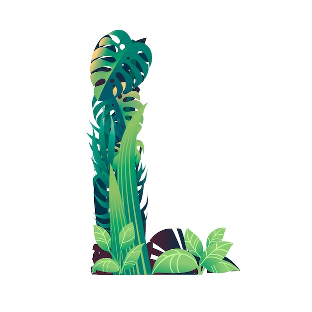 leaf letter l with diffirent types of green leaves and foliage flat vector illustration isolated on white background.