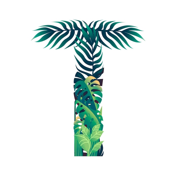 leaf letter t with diffirent types of green leaves and foliage flat vector illustration isolated on white background.